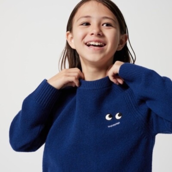 ANYA HINDMARCH UNIQLO Lambswool Crew Neck Sweater Kids Size 5-6, Navy Blue, EUC - Picture 1 of 11